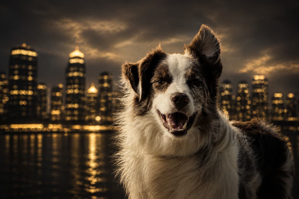 Dog at night with city lights — local pet services